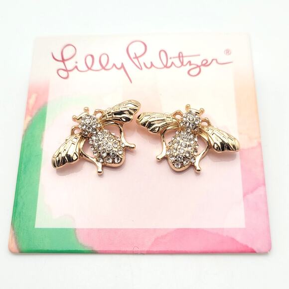 Lilly Pulitzer Bee Earrings Gold Tone Crystal Insect Bug Stud Jewelry NWT Gift - Picture 1 of 5